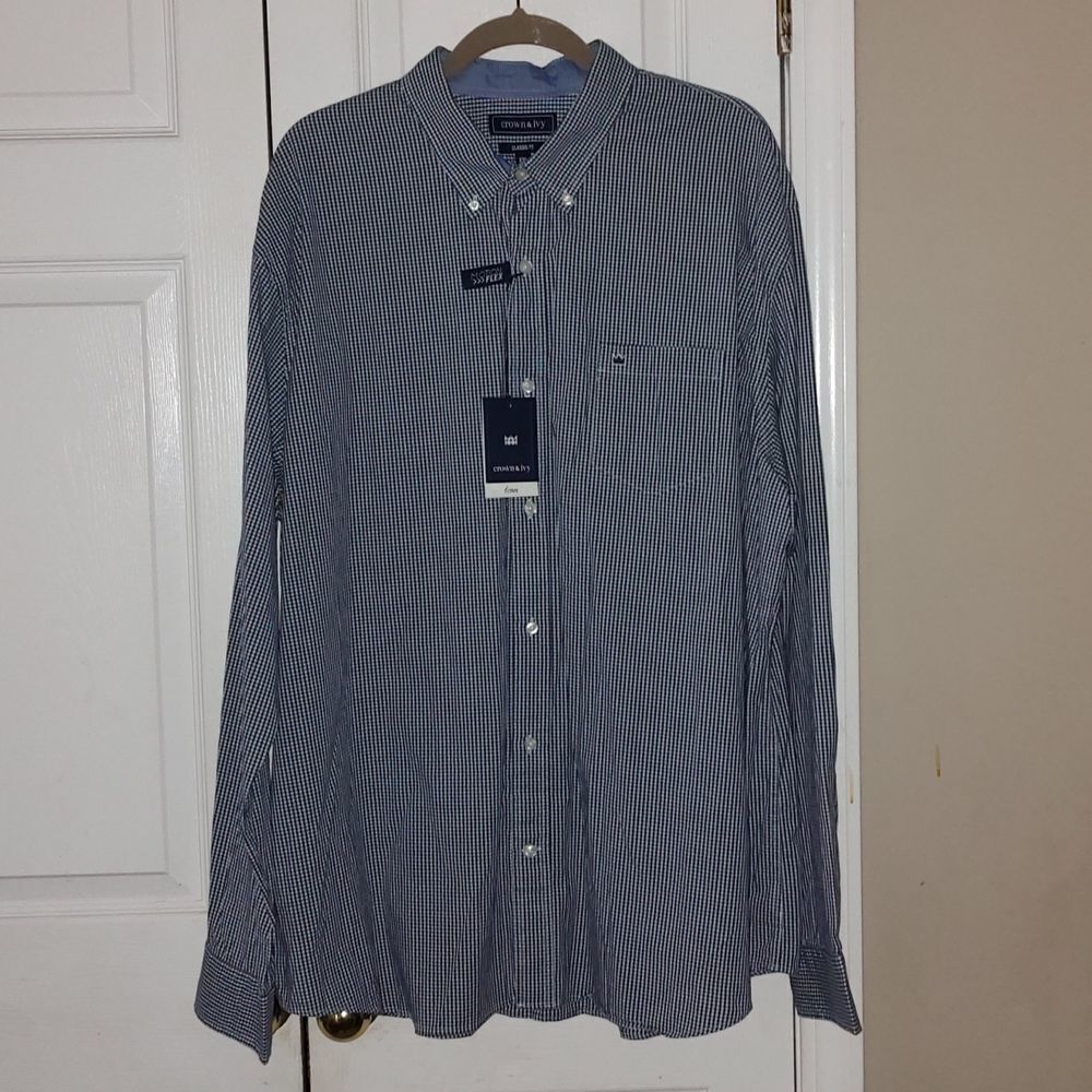 Crown & Ivy navy and white mini gingham classic  long sleeve dress shirt  Sz XXL